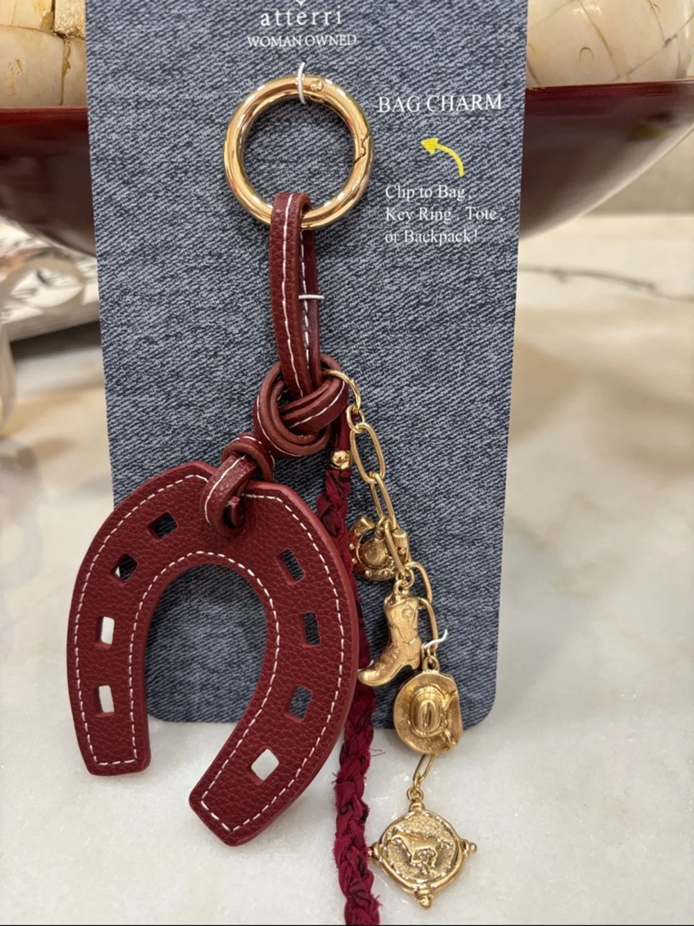 Atterri Burgundy Horseshoe Key & Bag Charm with Gold Accents
